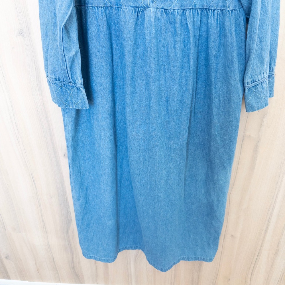 Vintage Denim Maxi Dress XL Blue Frog Closure Long Sleeve Prairie Cottage Boho - Picture 3 of 7